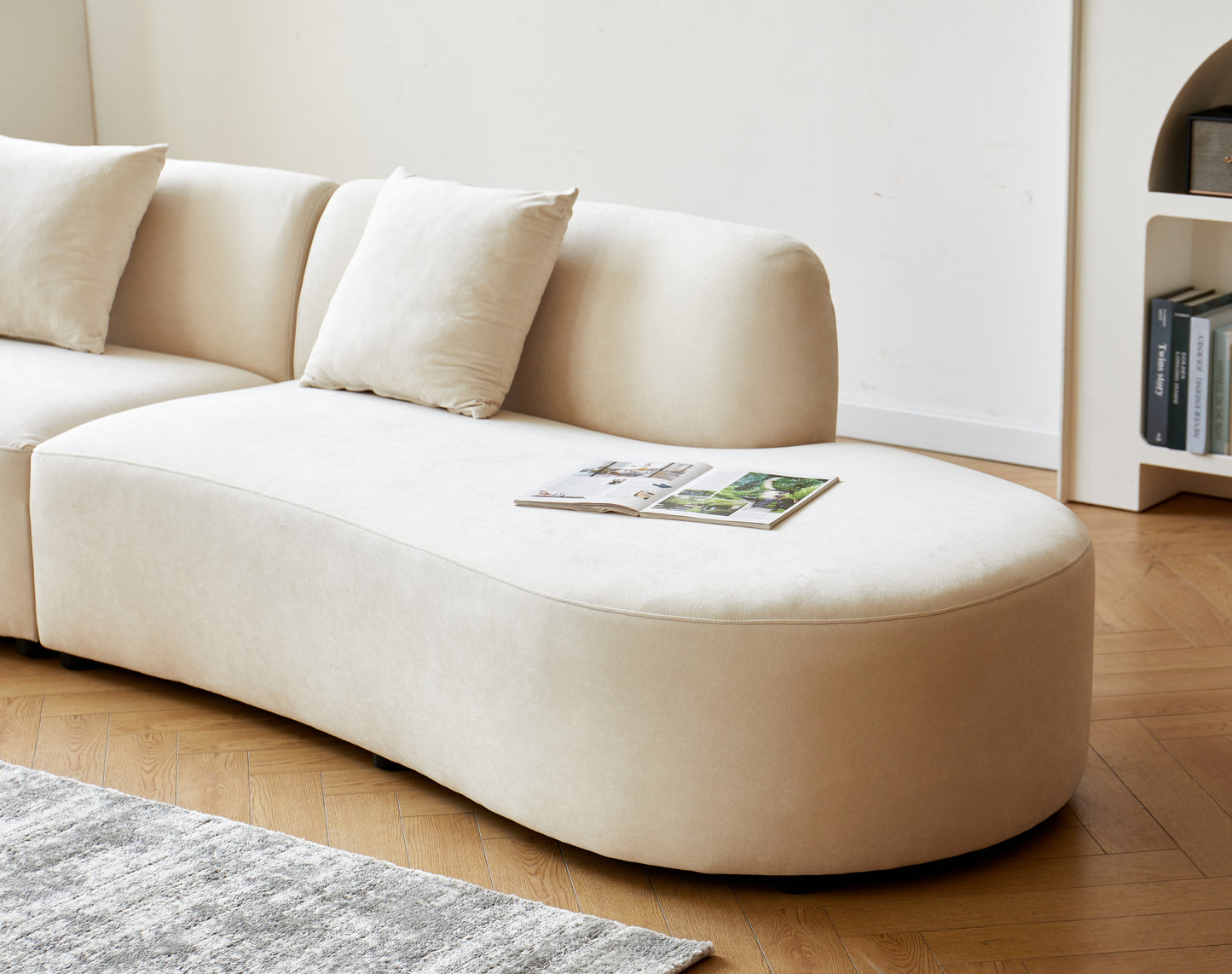 132   Curved Sofa With Throw Pillows, 6 Seater Luxury Velvet Couch With Half Moon Design And High-Density Foam, Ideal For Modern Living Room, Office & Apartment, Ivory
