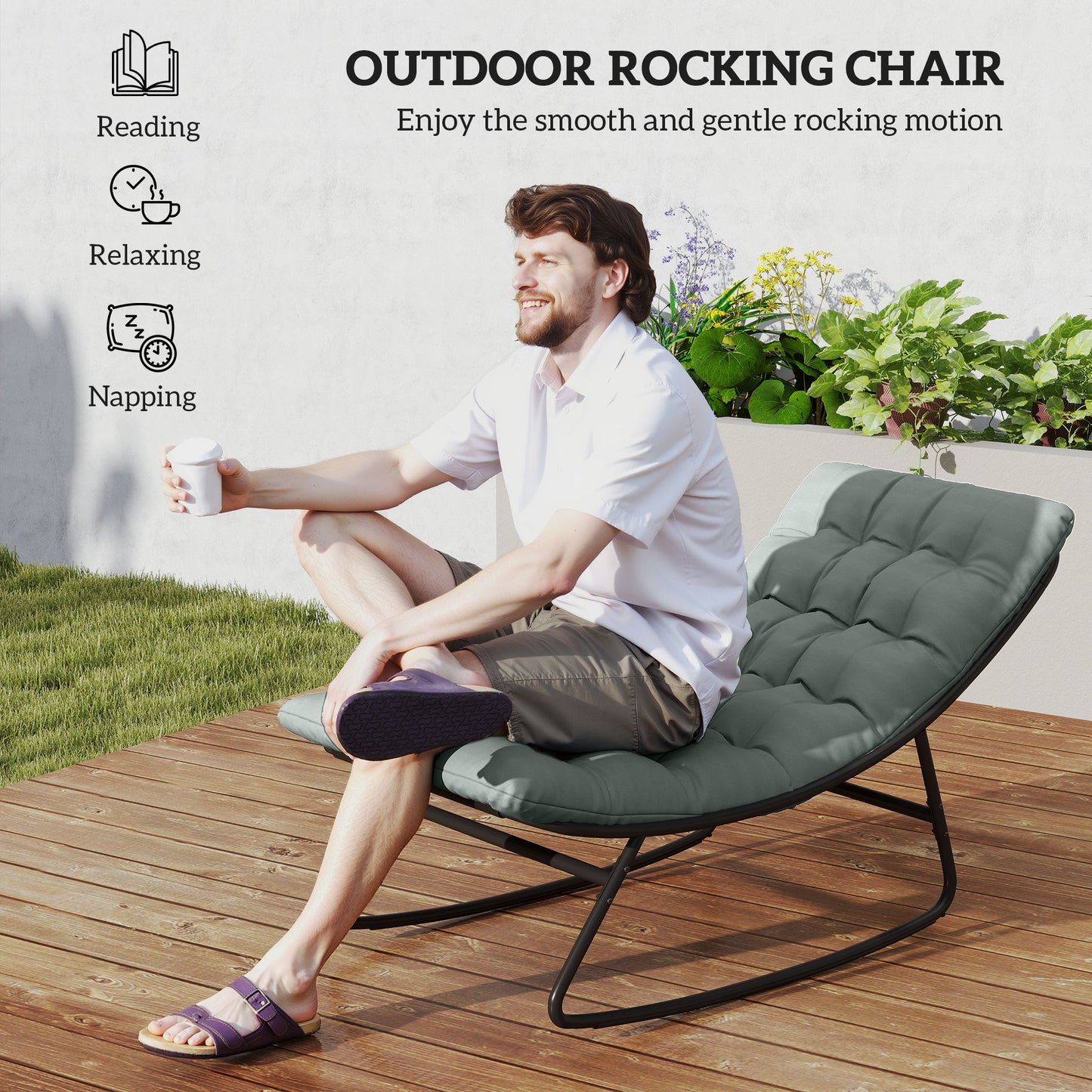 2 Pieces Outdoor Patio Rocking Chairs, Rocking Porch Chairs With Mesh Deep Seats For Indoor, Porch, Balcony, Dark Gray