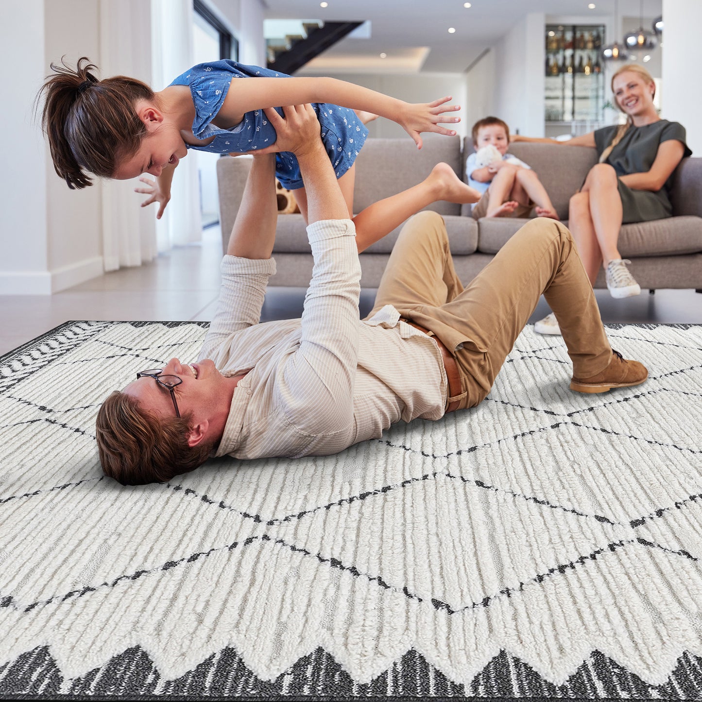 Step  High-Low Trellis Cream Anthracite Indoor Area Rug, Modern, Contemporary, Geometric, Bohemian, Bedroom, Kitchen, Living Room, Non Shedding Carpet