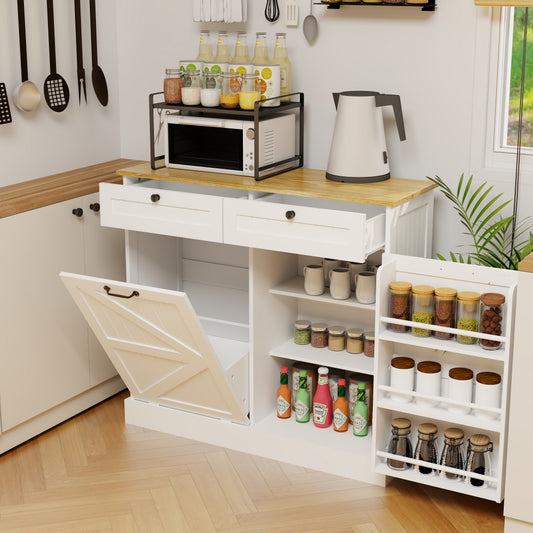 Kitchen Trash Can Storage Cabinet With 2 Drawers & 1 Tilt Out Trash Cabinet & 1 Door With Storage Rack & 2 Shelves For Kitchen, Dinning Room, Living Room-White