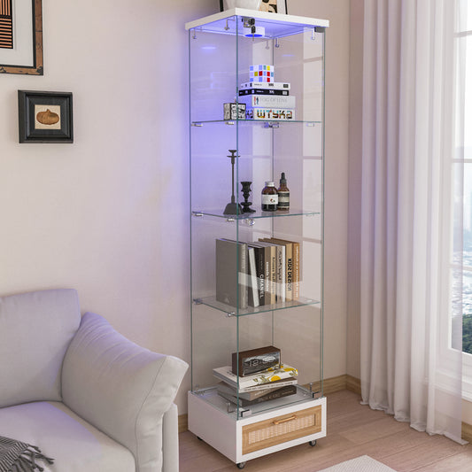 Modern Glass Display Cabinet With Drawer , Quick-assembly Antique Cabinet With LED Lights, Tempered Glass Bookshelf,  1-Door Storage Case With 4 Shelves  For Living Room And Bedroom, White And Natural