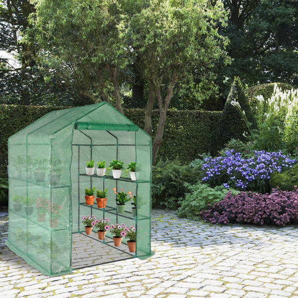 143x143x195cm Black Iron Pipe Steeple With 8 Pieces Grid Flower Stand With Zipper Rolling Door PE Cloth Greenhouse    SAME AS 54690859