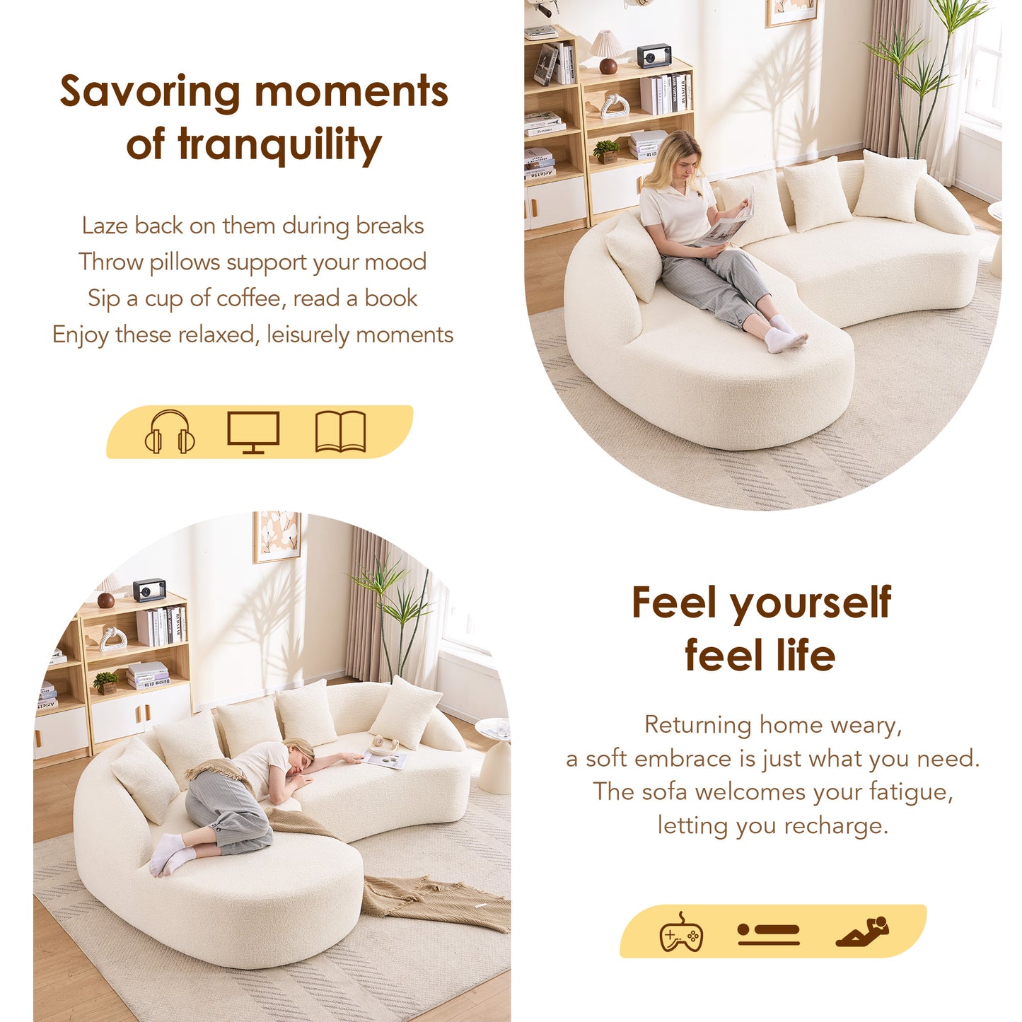 New Boneless L-Shape Sectional Sofa With Curved Chaise White Modular Chenille Compression Couch 30D High-Density Foam Minimalist Modular Couches Sleeper For Living Room Bedroom Apartment Lounge.