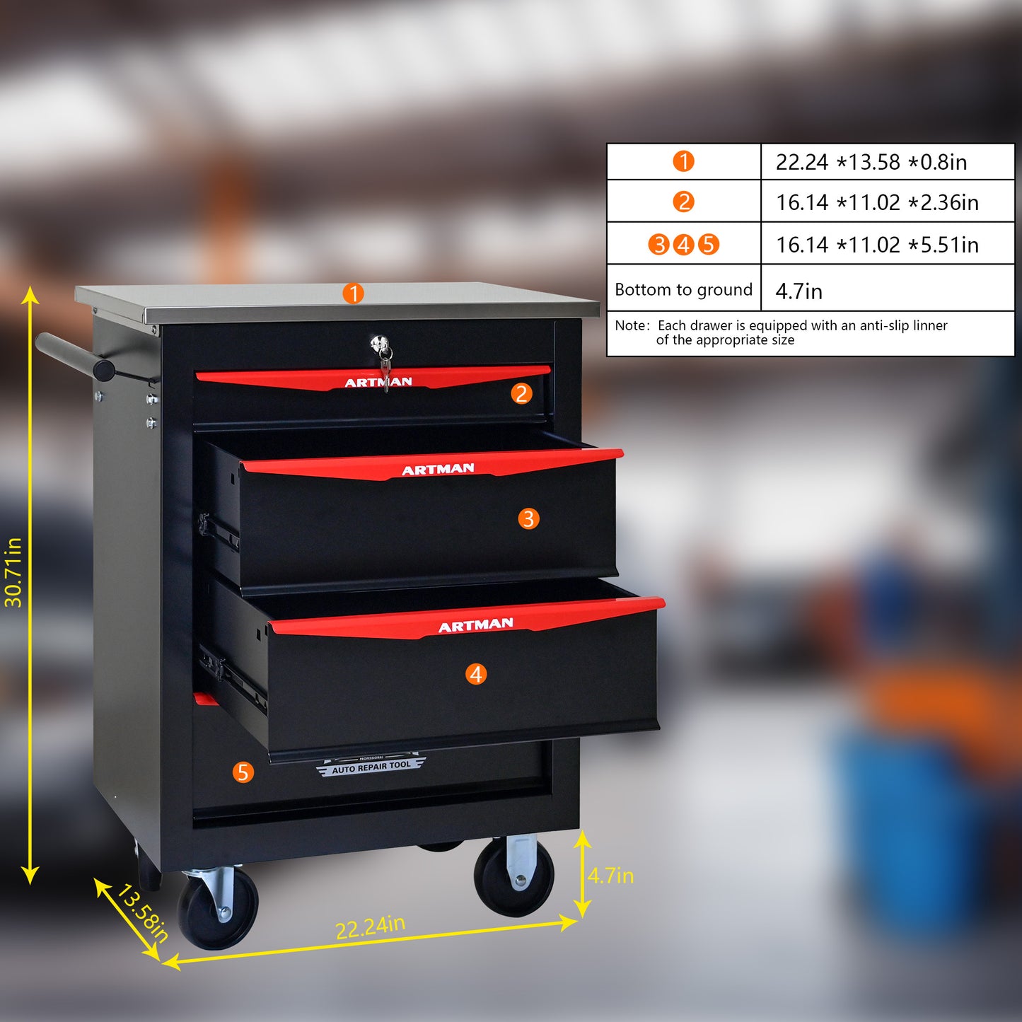 4 Drawers Multifunctional Tool Cart With Wheels,Metal Rolling Tool Cart Storage For Garage Workshop Warehouse Repair Shop--With  Stainless Steel Roof- BLACK&RED