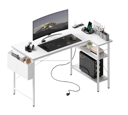 L-shaped Computer Desk With Power Socket And LED Light, Corner Game Table With Storage Rack And Monitor Stand