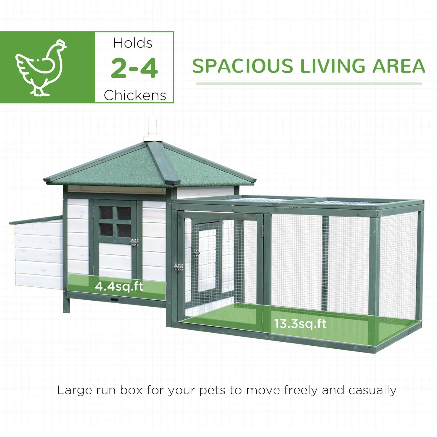 77" Wooden Chicken Coop Hen House Poultry Cage With Weatherproof Roof, Nesting Box, Enclosed Run And Removable Tray For Outdoor Backyard, Green
