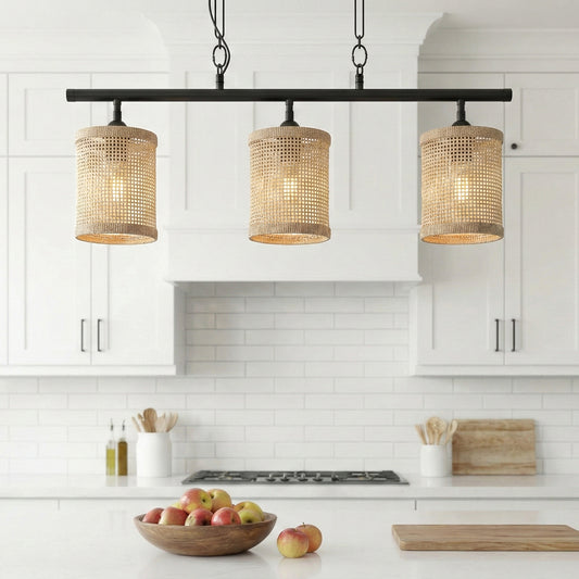 Elysian Three Lights Island With Natural Rattan Shade Farmhouse Chain Ceiling Lamp