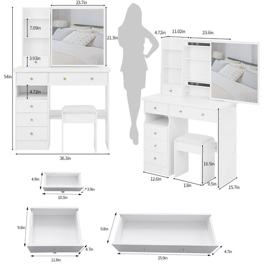 37 Middle Size Left Drawer Desktop Vanity Table  Cushioned Stool, Extra Large Right Sliding Mirror, Multi Layer High Capacity Storage, Practical Fashionable Dresser, Suitable For Large Space