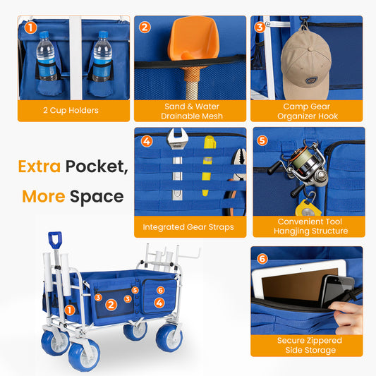 Beach Wagon Cart With Chair Racks & Fishing Rod Holders 9 All- Terrain Wheels 500lbs Heavy Duty Collapsible Removable Cooler & Storage Bags For Beach Camping Fishing Garden Outdoor Sports Blue