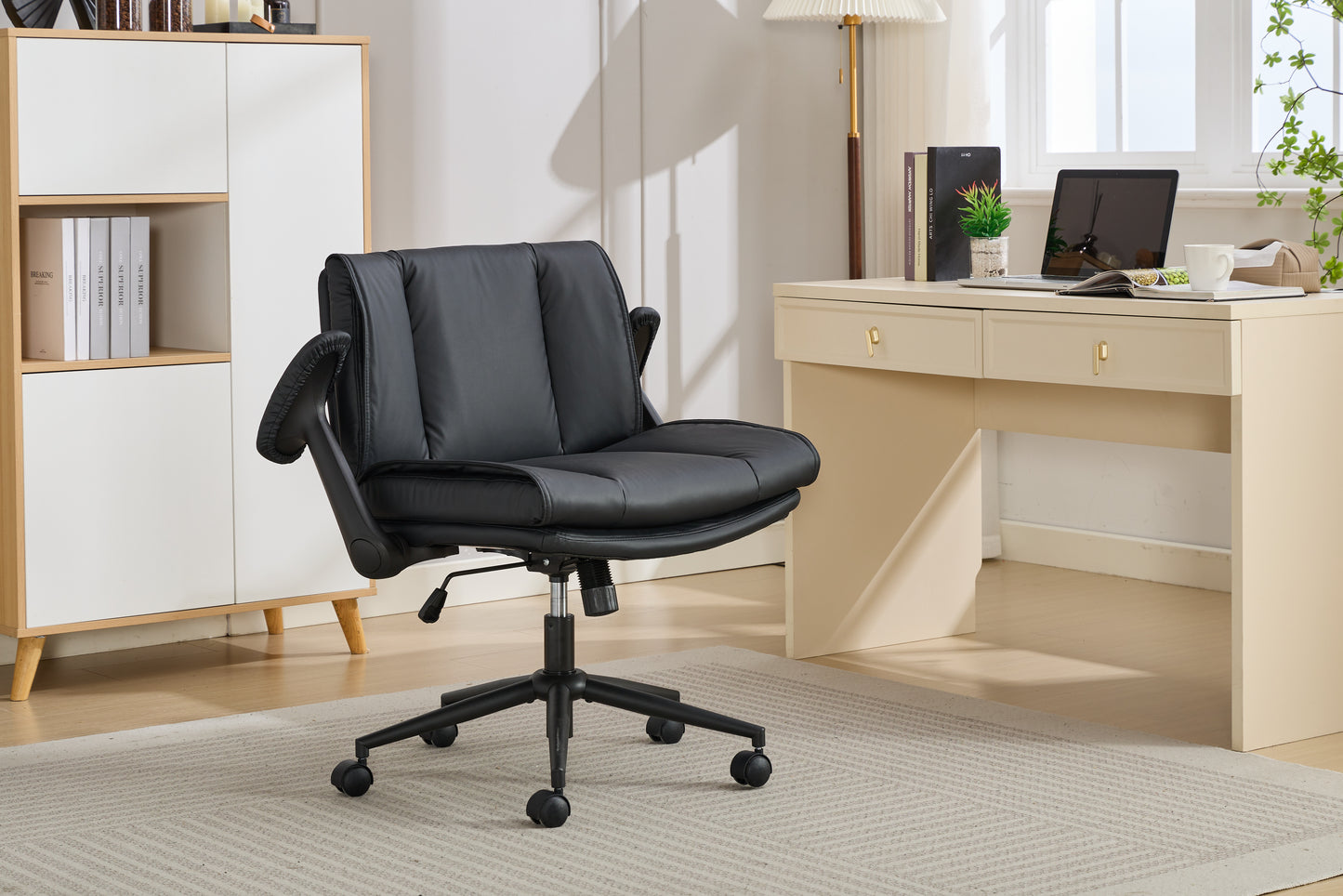 With Flip-Up Armrests Leather, Cross Legged Office Chair On Wheels, Comfy Swivel Chair With Wide Seat For Home Office, Vanity,  Ergonomic Desk Chair Adjustable, Black