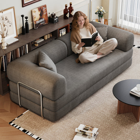 78.8 Compression Sofa,Convertible Floor Sofa Bed-with Pillow Back Support Armrest,Comfy Futon Couch Sleeper Bed,Loveseats Boneless Modular Sectional Sofa,Corduroy Fabric,for Living Room,Bedroom,Grey