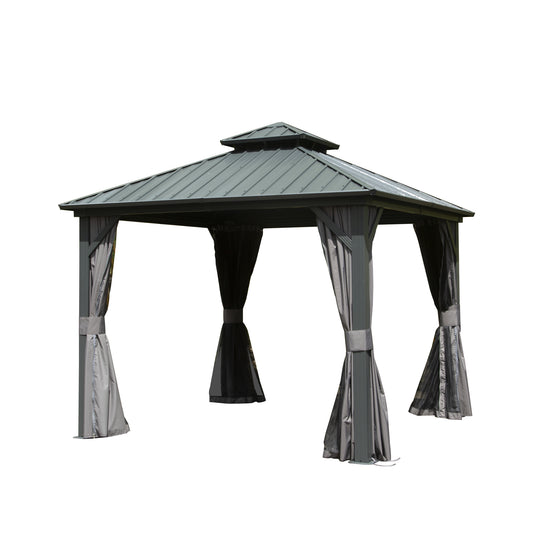 10  X 10  Hardtop Gazebo, Aluminum Metal Gazebo With Galvanized Steel Double Roof Canopy, Curtain And Netting, Permanent Gazebo Pavilion For Patio, Backyard, Deck, Lawn