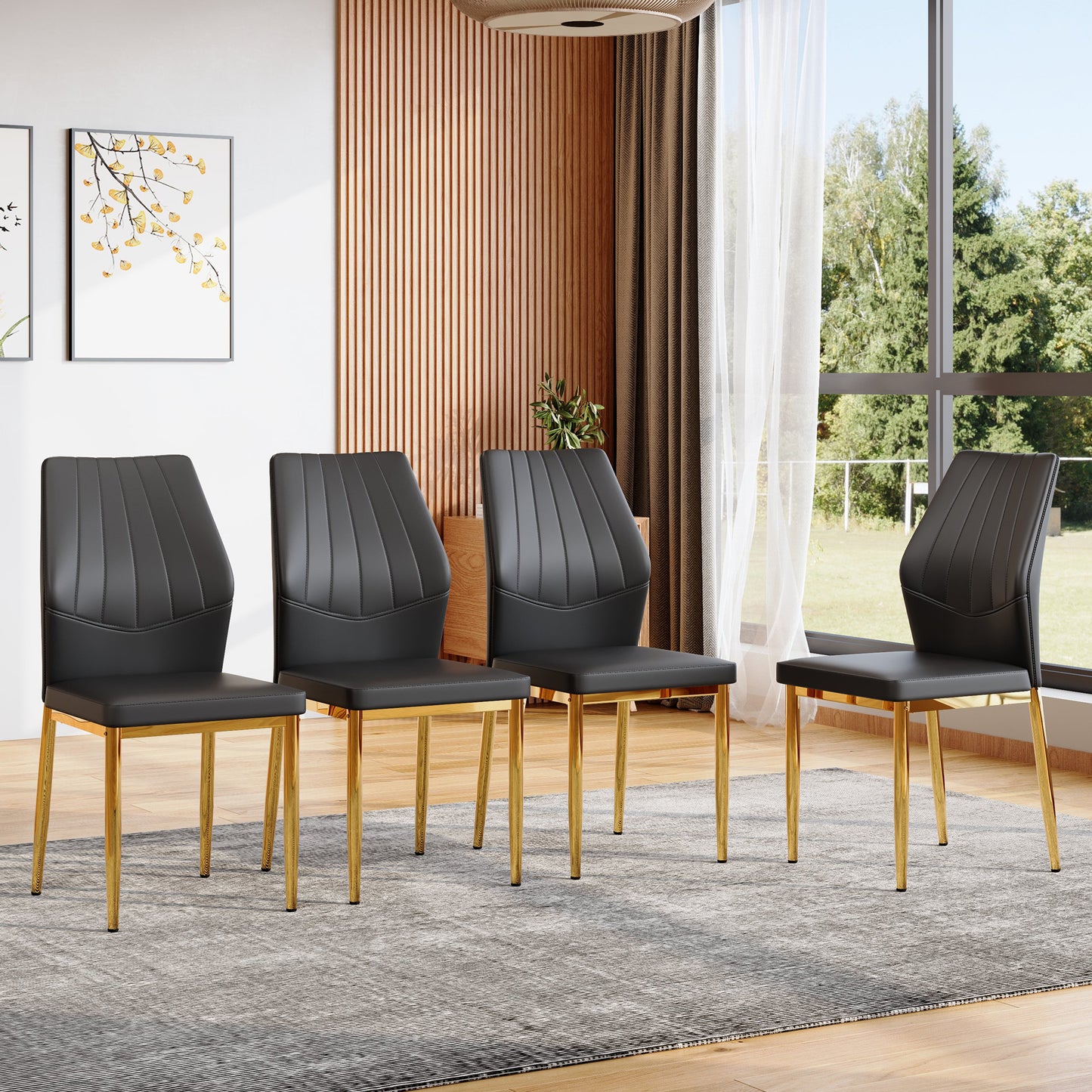 Set Of 4 Black Dining Chairs, 37 Inches High Ergonomic PU Backrest, Combines Comfort And Style.Perfectly Blends Comfort And Elegance, Injecting More Comfort And Style Into Dining Time.