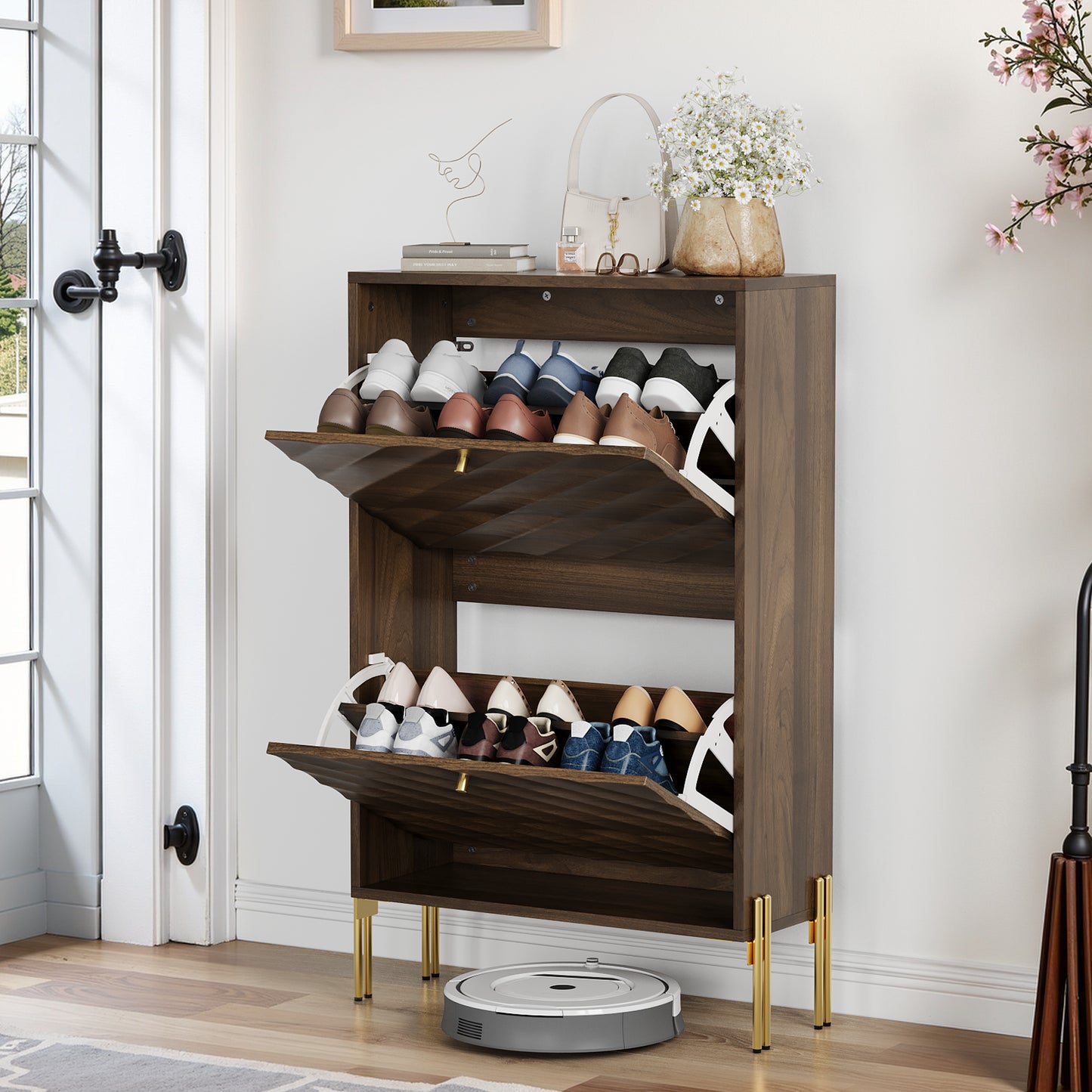 23.6 Inch Walnut Shoe Cabinet, Mid-century Modern Freestanding Shoe Cabinet,  Freestanding Organizer With Metal Legs,  Suitable For Entry, Hallway And Entryway