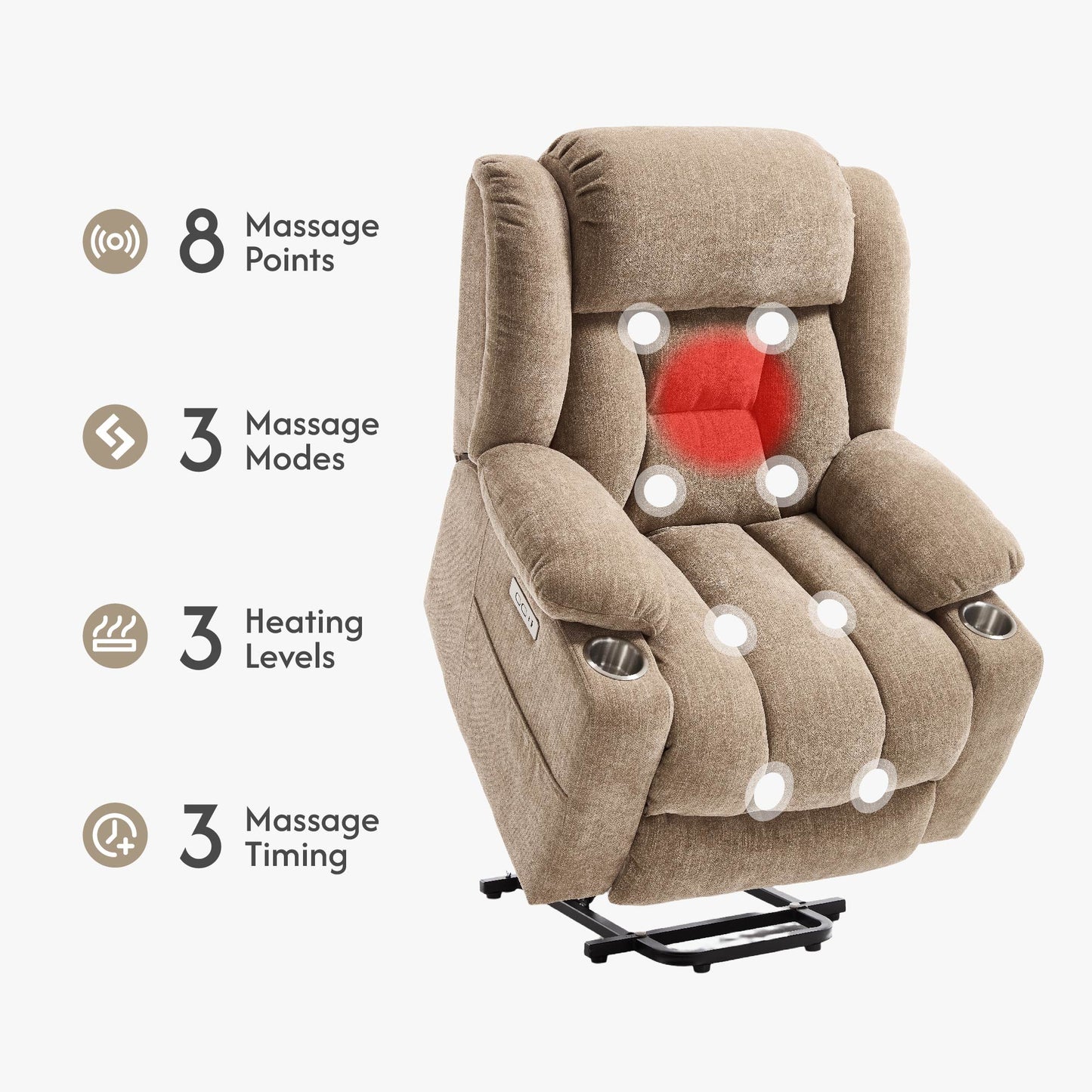 Power Lift Recliner Chair With Massage & Heat, Single Motor Lift Chair, Chenille Fabric Upholstery, USB Type-C, Cup Holders, Side Pockets, Light Brown
