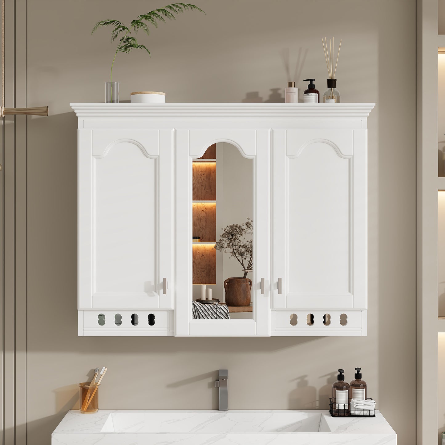 35 Inch Wall-Mount All-in-One Mirror Cabinet With Adjustable Shelves, Soft-Closing Hinges, For Bathroom Vanity, Living Room, Bedroom Storage Organizer