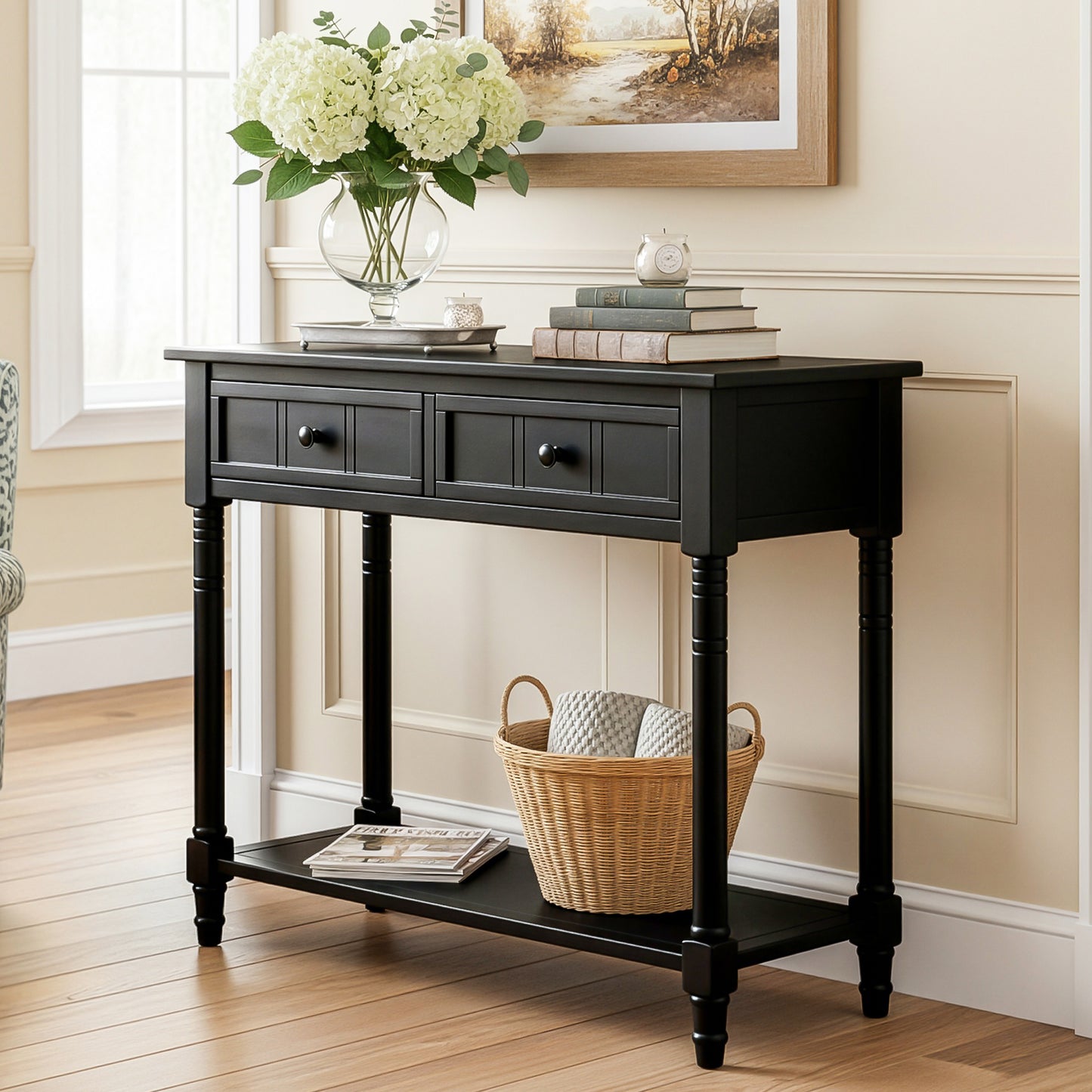 TREXM Daisy Series Console Table Traditional Design With Two Drawers And Bottom Shelf  Black