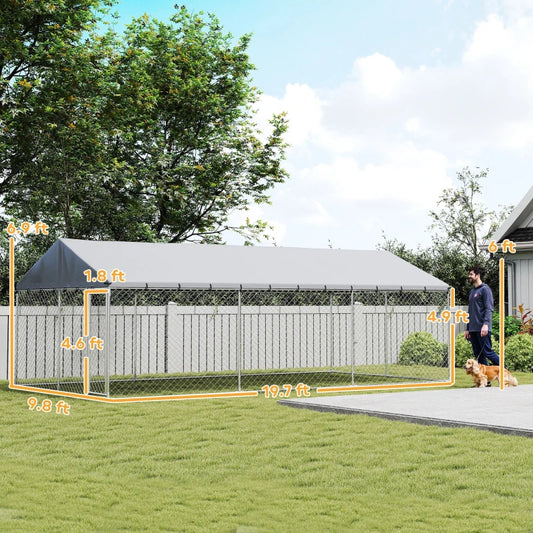 Heavy Duty Outdoor Dog Kennel With Waterproof Roof, 2 Secure Latches, Chain Link Dog Run For Backyard, 20' X 10' X 7'For Multiple Packages, Please Pay Attention To The Detailed Dimensions And Weight