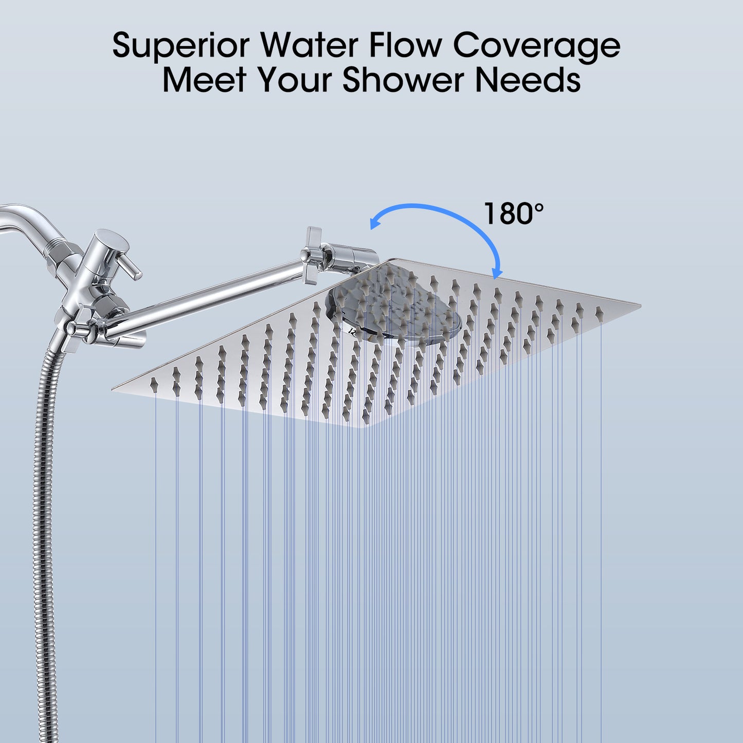 Chrome Shower Head, 10 Inch High Pressure Rainfall Shower Head Handheld Shower Combo With 11 Inch Extension Arm, 6 Settings Adjustable Anti-leak Shower Head With Holder Hose, Height Angle Adjustable