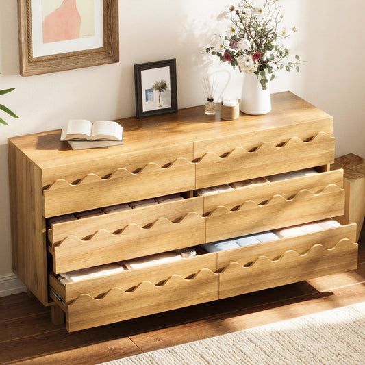 60   Length 6 Drawer Dresser With Wave Front Design, Modern TV Stand & Chest Of Drawers, Anti-Tip Clothes Storage Organizer For Bedroom, Living Room And Nursery, Natural Oak