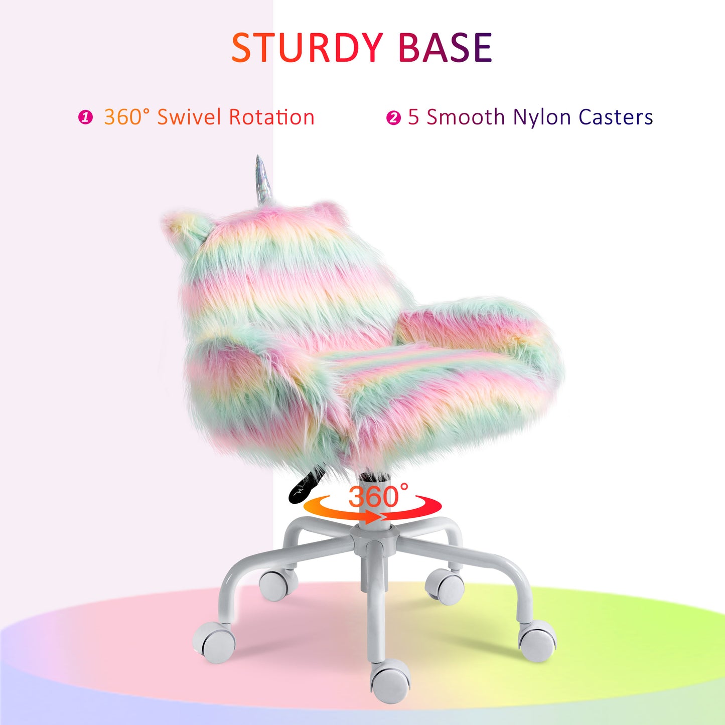Fluffy Unicorn Office Chair With Mid-Back And Armrest Support, 5 Star Swivel Wheel White Base, Rainbow