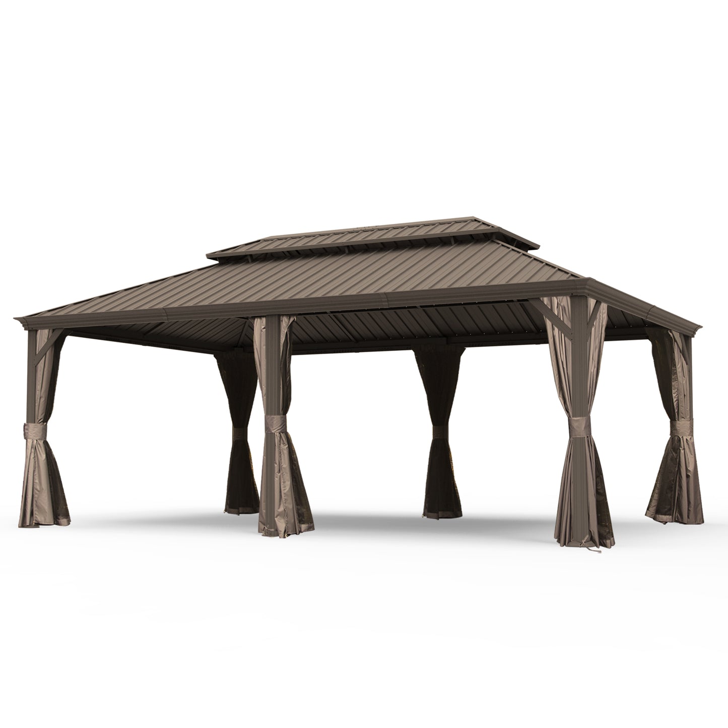 14  X 20  Hardtop Gazebo, Upgraded Metal Gazebo With Drainage System, Dual-Layer Galvanized Steel Roof, Curtain And Netting, Outdoor Shelter Canopy For Patio, Garden, And Backyard, Brown