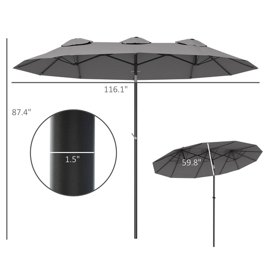 Double Sided Patio Umbrella, 9.7' Large Outdoor Market Umbrella With Push Button Tilt And Crank, 3 Air Vents And 12 Ribs, For Garden, Deck, Pool, Gray