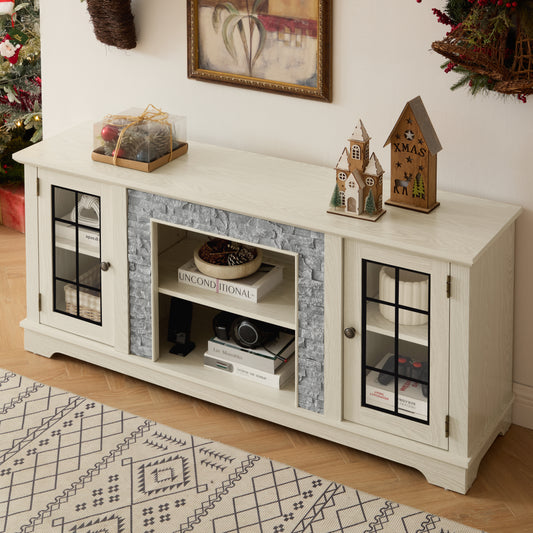 58  Modern TV Stand With 2-Door Storage, Faux Stone Media Console Cabinet, White Large Entertainment Center For Living Room