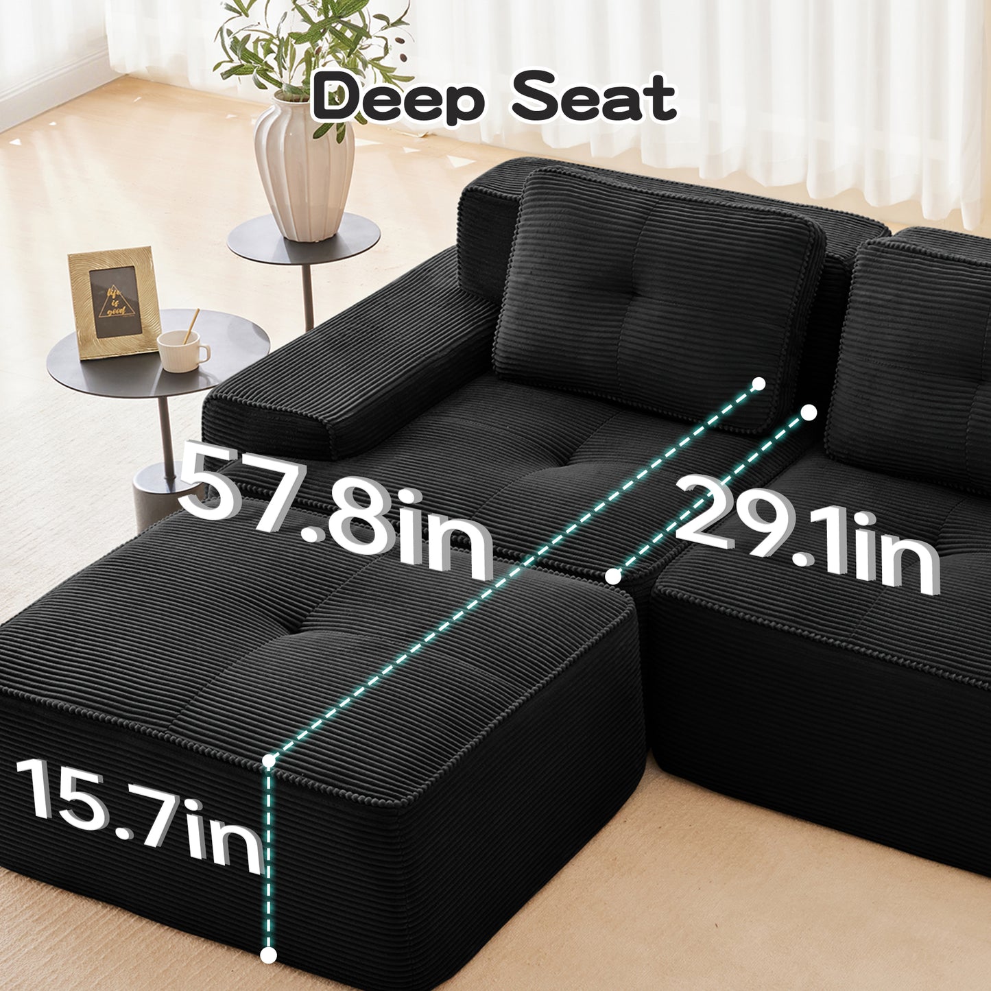 82 Modern L-Shaped Modular Sectional Sofa For Living Room, Corduroy Fabric, 2-Seater Couch With Deep Seat And Movable Ottoman, Pearl-like Piping, Tufted Design, No Assembly, Anti-slip Design, Black