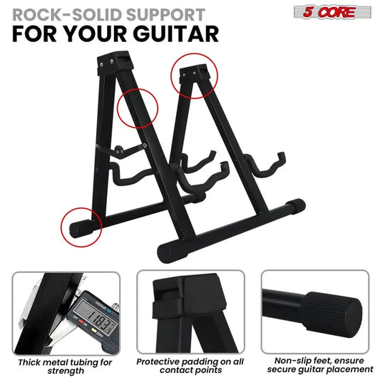 5 CORE Double Guitar Stand Floor Adjustable Heavy Duty A Frame Universal Folding Acoustic Electric Bass Mandolin Banjo Violin Holder Multiple Folding Stands For On Stage Studio Easy Assembly BLACK
