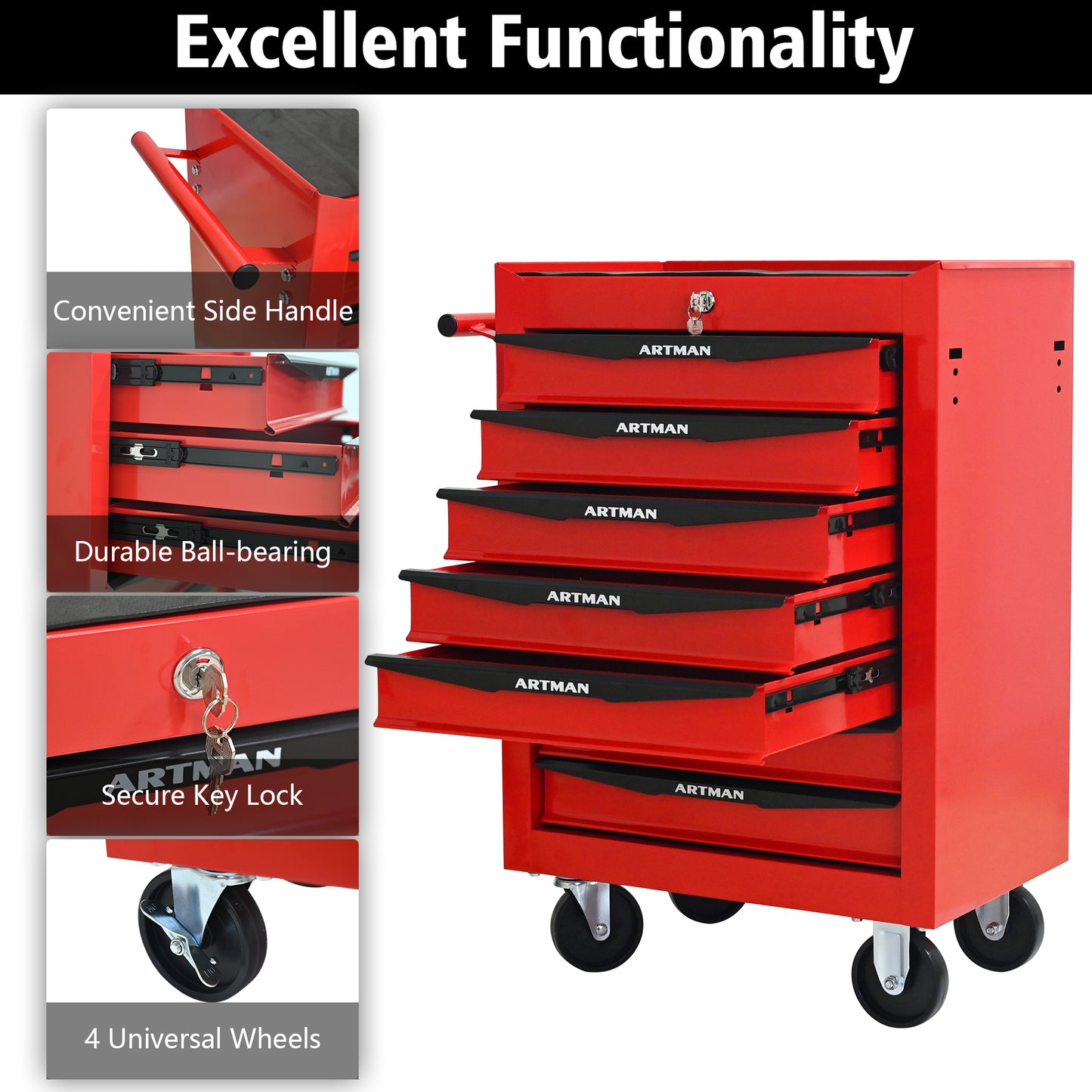 Rolling Metal Tool Chest With 7 Drawers, 20   7-Drawer Tool Chest Cabinet With Ball Bearing Drawer Slides, Steel Tool Storage Box Organizer -Red&Black