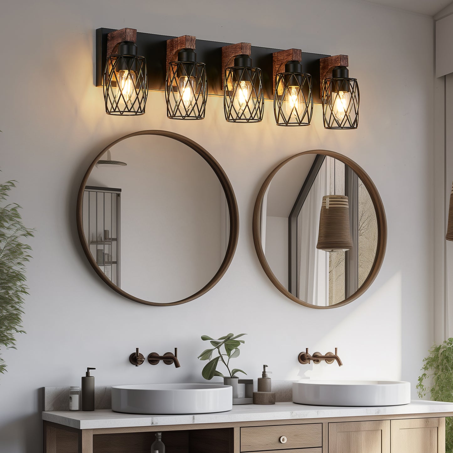 31  Industrial Vintage 5-Light Wall Sconce - Black Cage Wall Lighting Fixture With Wooden Accents For Bathroom, Hallway, Or Living Room Bulb Not Included