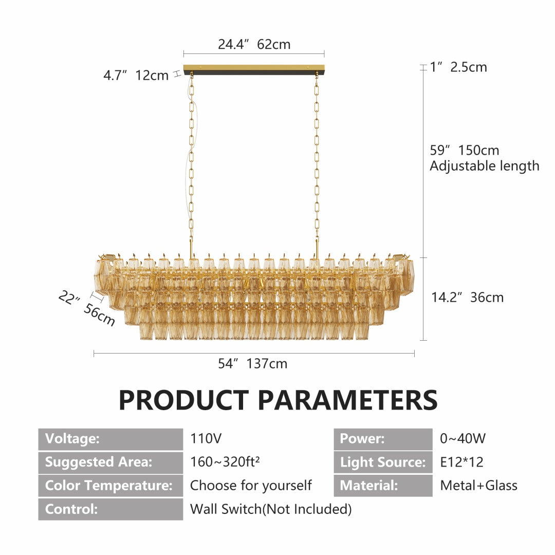 Modern Chandeliers For Dining Room, 54  Large Rectangle Gold Kitchen Chandelier Over Table, 12-Light With Smoke Glass Ceiling Lights, Farmhouse Pendant Lighting Fixture For Living Room Bedroom