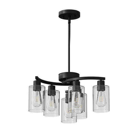6-Light Modern Farmhouse Black Chandelier, Contemporary Dining Room Light Fixture, Adjustable Height Hanging Industrial Pendant Lights Kitchen Island, Clear Glass Shade