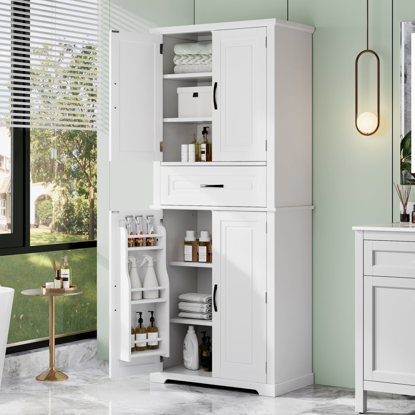 Video Bathroom Storage Cabinet With Multi-Functional Storage Space, Drawer With Slide Rails, Adjustable Shelf, White