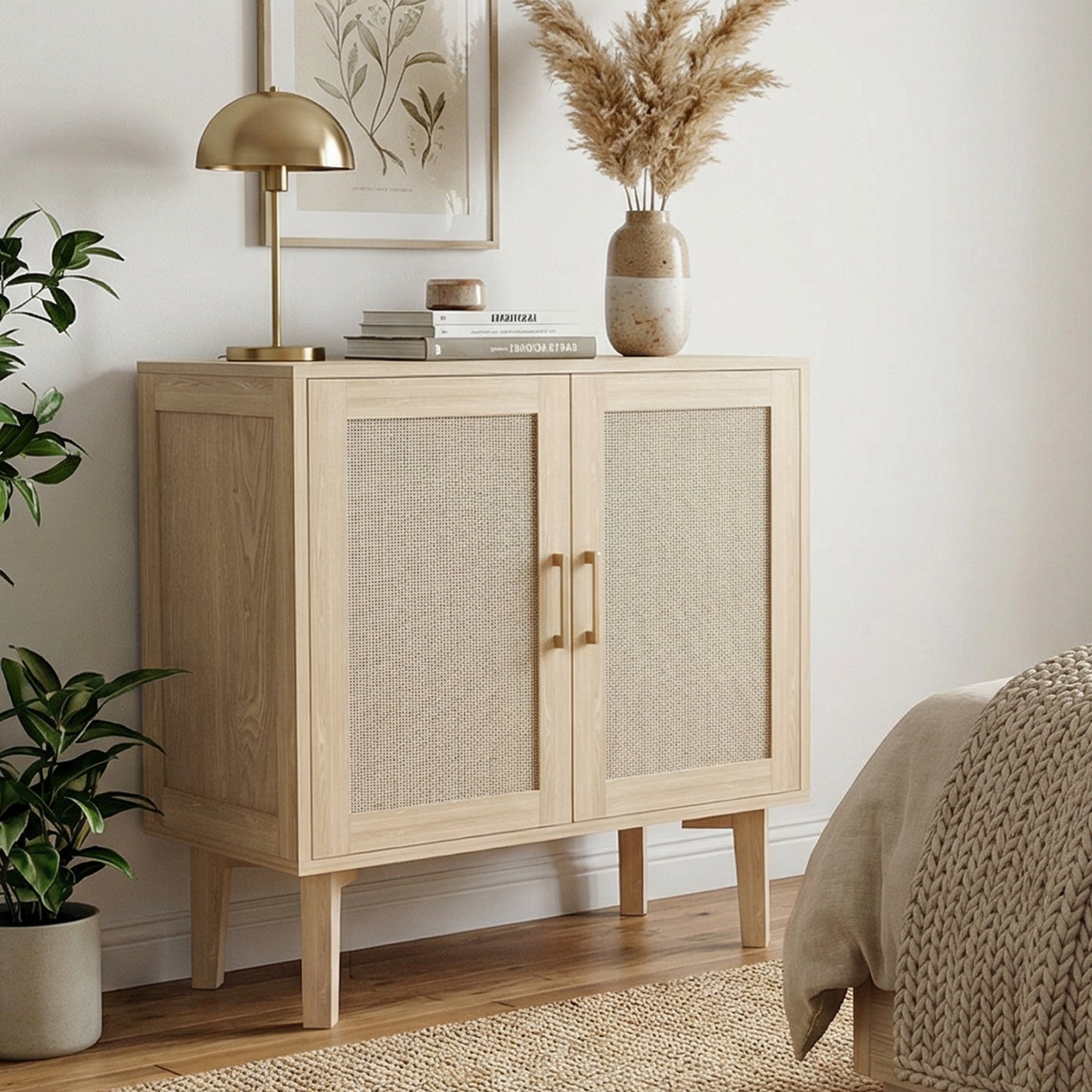 Buffet Cabinet With Rattan Decor Doors Solid Wood Feet Multifunctional Sideboard Cabinet For Dining Room Kitchen Light Oak