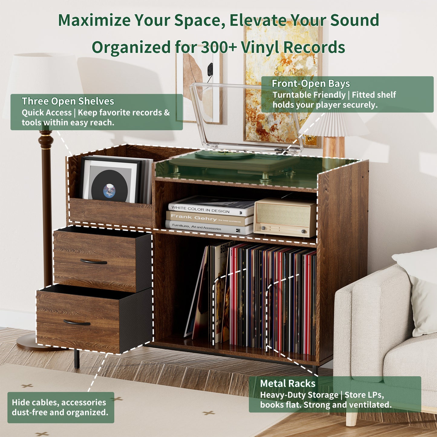 Record Player Stand With Storage For 500  Albums, Mid-Century Modern Turntable Shelf & Drawers  Sturdy Wood & Metal Audio Console For Living Room