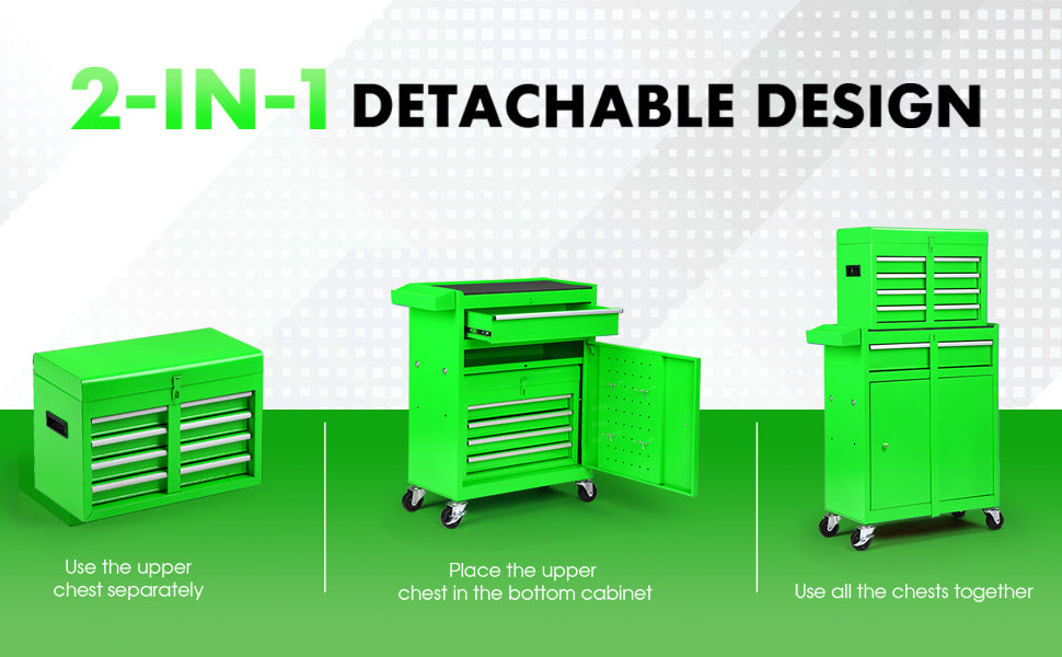 5-Drawer Rolling Tool Chest -2-in-1 Lockable Tool Box With Wheels, Sliding Drawers & Detachable Top- Garage & Workshop Storage Cabinet, Green