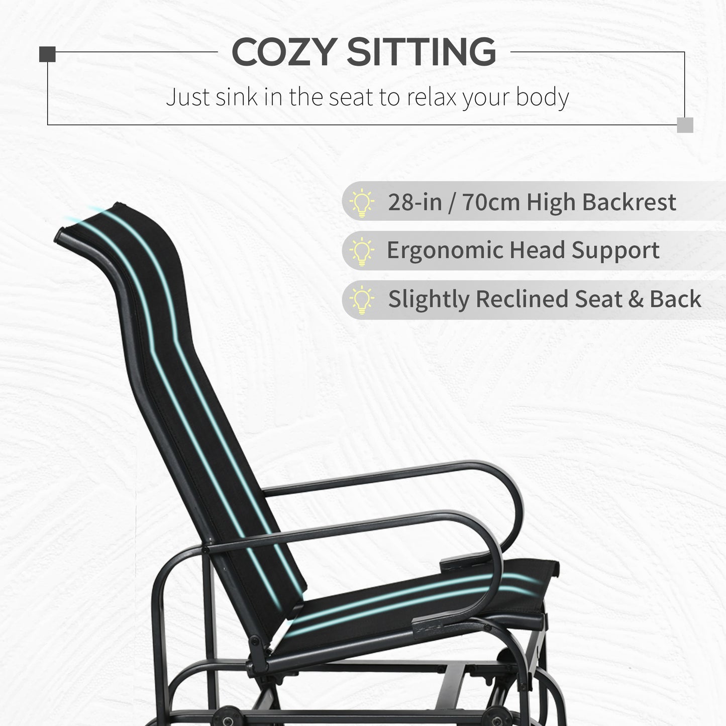 Outdoor Patio Sling Fabric Swing Glider Rocker Chair With Smooth Rocking Arms, Black