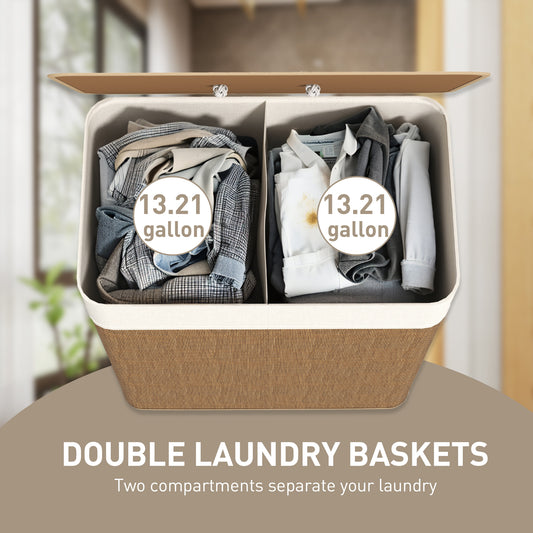 Double Laundry Basket With Lid, 26.4 Gallon Bamboo Laundry Hamper With Rope Handles And Removable Liner, Brown