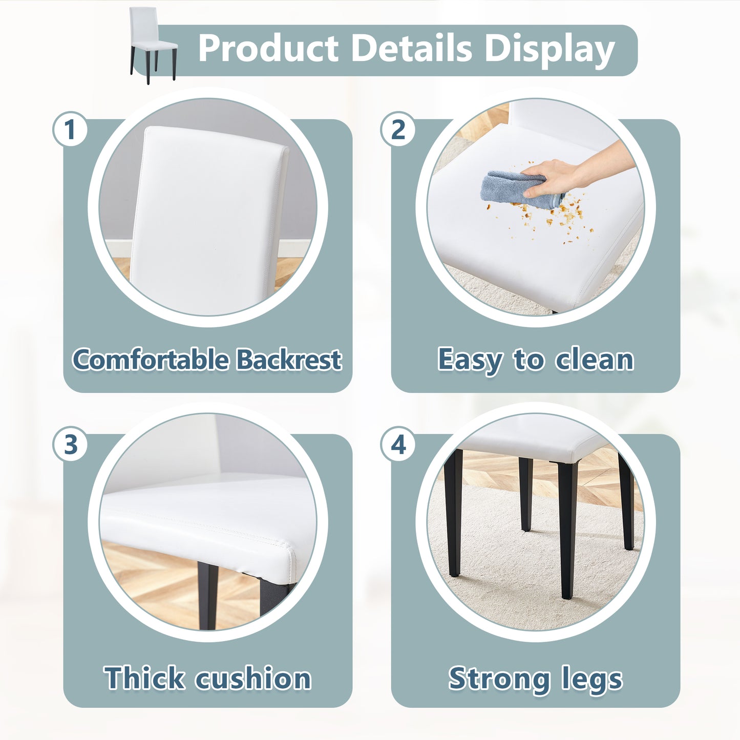 Set Of 4 White PU Dining Chairs 35.4  High, 18.5  Ergonomic Backrest, 17 X16  Sponge Seat, Perfect For Dining Room, Home Office & Living Space, Stylish & Comfortable.Black Metal Leg.