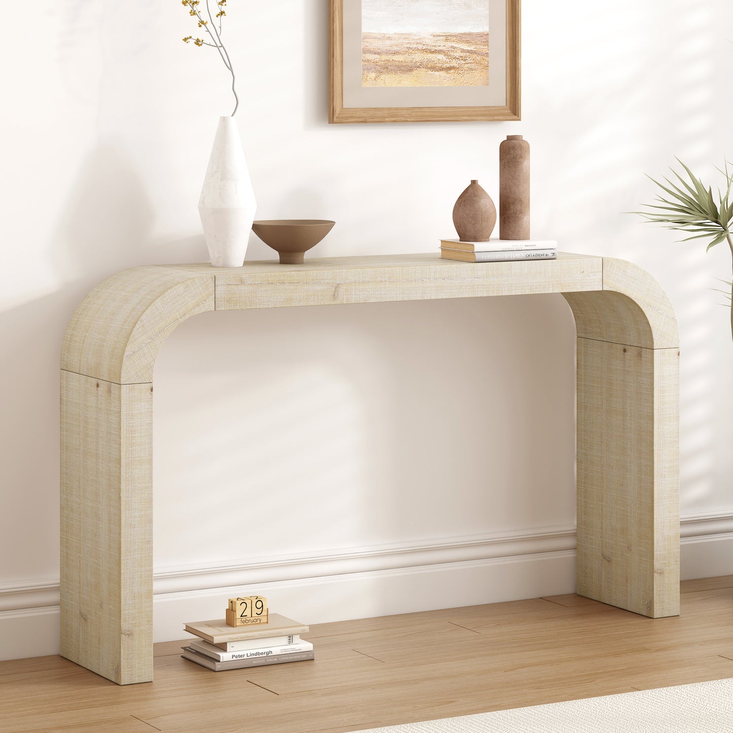 52 Wood Console Table With Curved Edge, Natural Texture, Perfect For Entryways And Living Rooms
