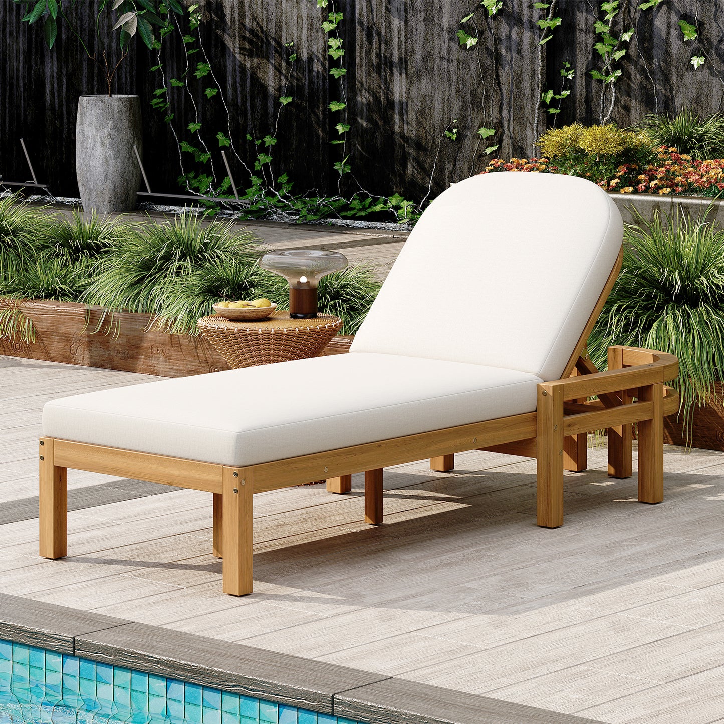 TREXM Outdoor Chaise Lounge  Premium Acacia Wood Patio Recliner With Arched Backrest  5-Position Adjustable Backrest  Outdoor Lounge Chair For Poolside    Deck & Lawn  Light Teak
