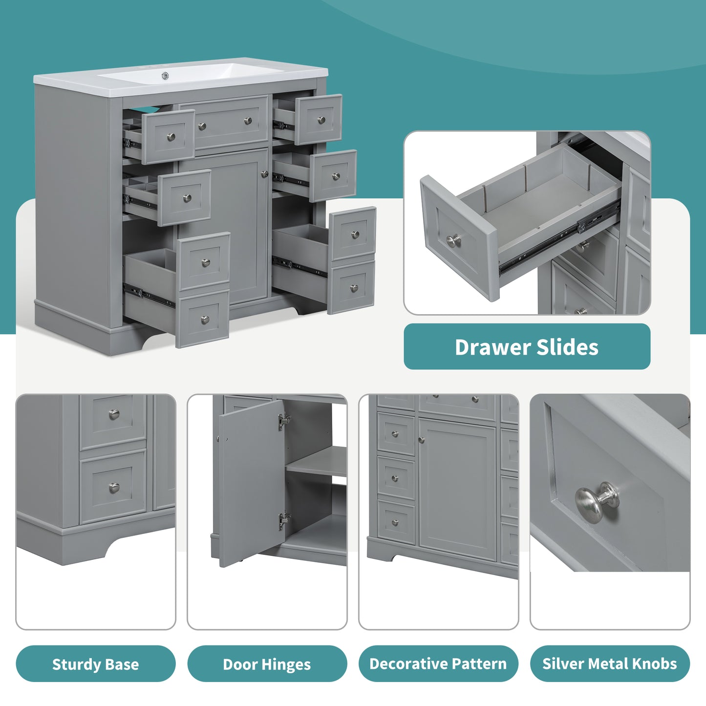 36  Bathroom Vanity Without Sink, Cabinet Base Only, One Cabinet And Six Drawers, Grey