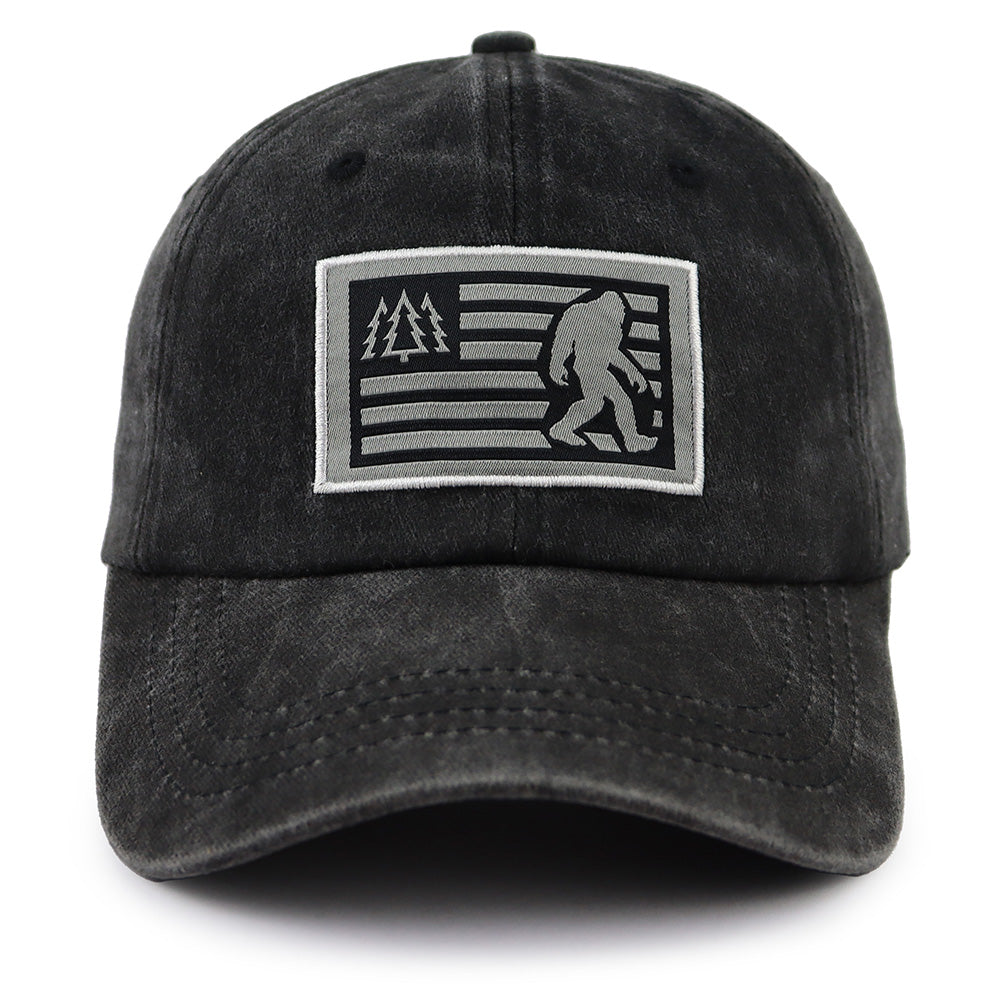 2pcs Bigfoot Sasquatch American Flag Baseball Cap - Vintage Washed Cotton Hat For Men & Women, Adjustable Low Profile Outdoor Trucker Hat