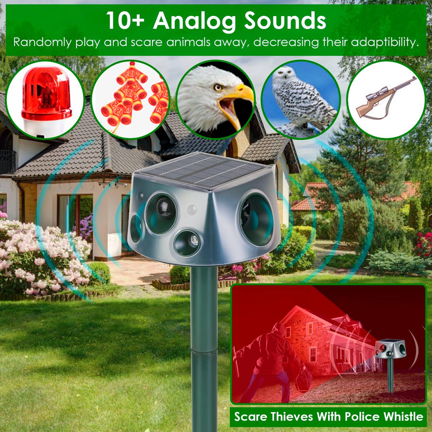 Temu & TK Self-pickup Order Solar-powered & Type-C Rechargeable Animal Repellent - Three ModesUltrasonic Buzzer  Vibration, IP66 Waterproof Rating, 2200mAh Battery.