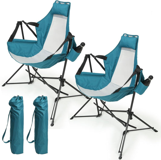 Hammock Camping Chair, Folding Portable Rocking Chair, Aluminum Alloy Adjustable Back Swinging Chair With Pillow Cup Holder, Recliner With Carry Bag For Outdoor Travel Lawn Backyard, Blue  2pcs