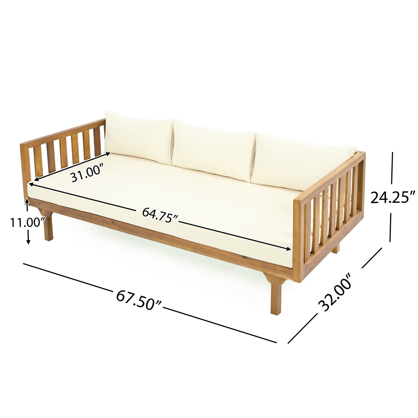 Acacia Wood Patio Furniture Set,Outdoor 3 Seater Daybed With Water Resistant Thick Cushions And Round Coffee Table, Beige Cushion
