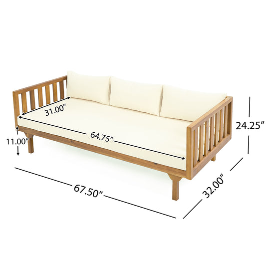Acacia Wood Patio Furniture Set,Outdoor 3 Seater Daybed With Water Resistant Thick Cushions And Round Coffee Table, Beige Cushion