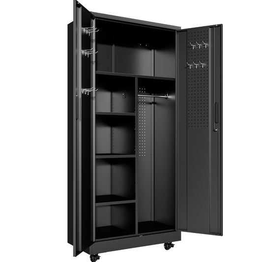 Rolling Metal Storage Locker Cabinet With Lockable Doors - 71  Freestanding Steel Wardrobe For Home, Office, School, Employee, Gym & Fire Department  Black
